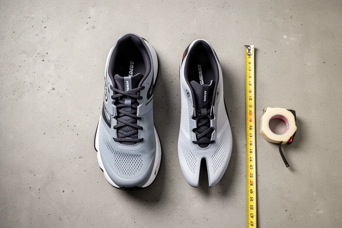Deux chaussures de course côte à côte sur du béton montrant des largeurs de semelle différentes