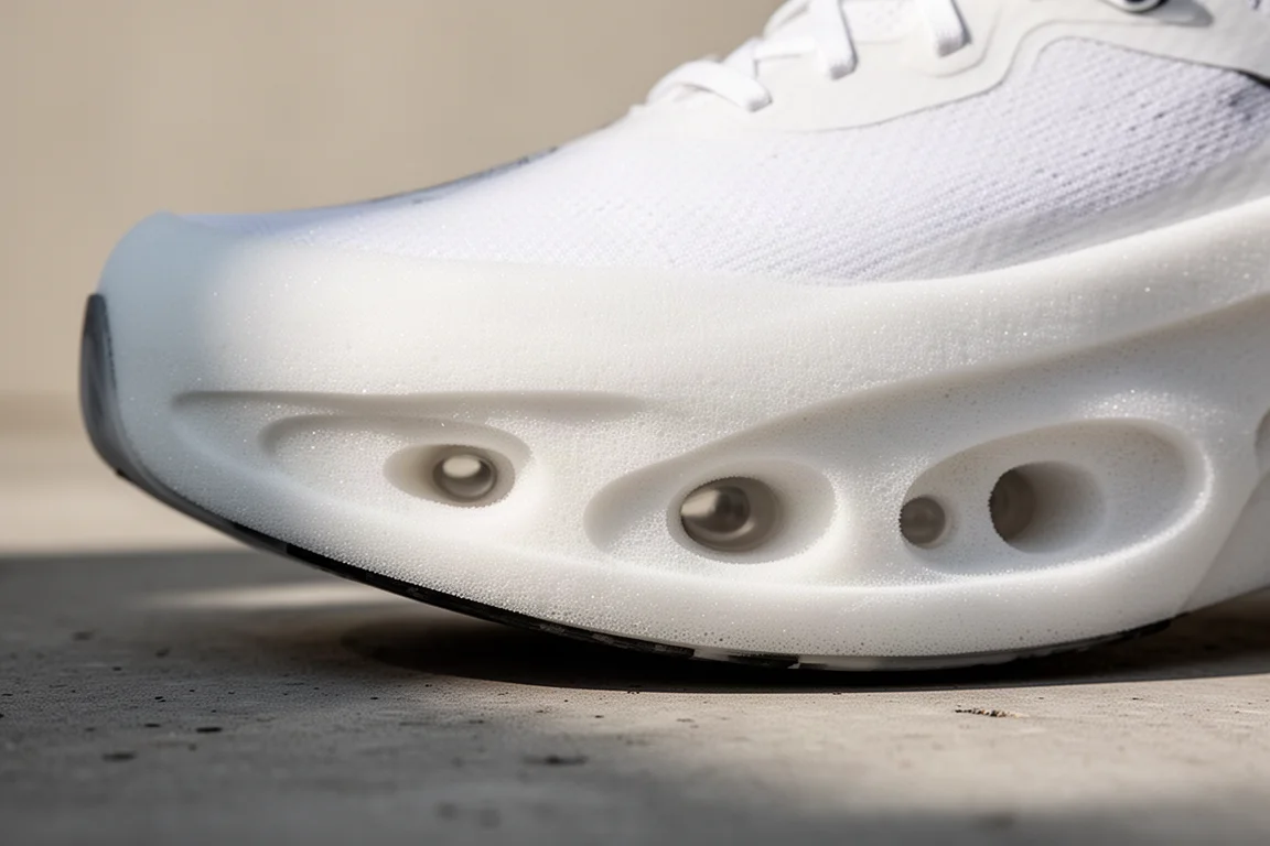 Gros plan sur la mousse de la semelle intermédiaire d'une chaussure de course très dynamique