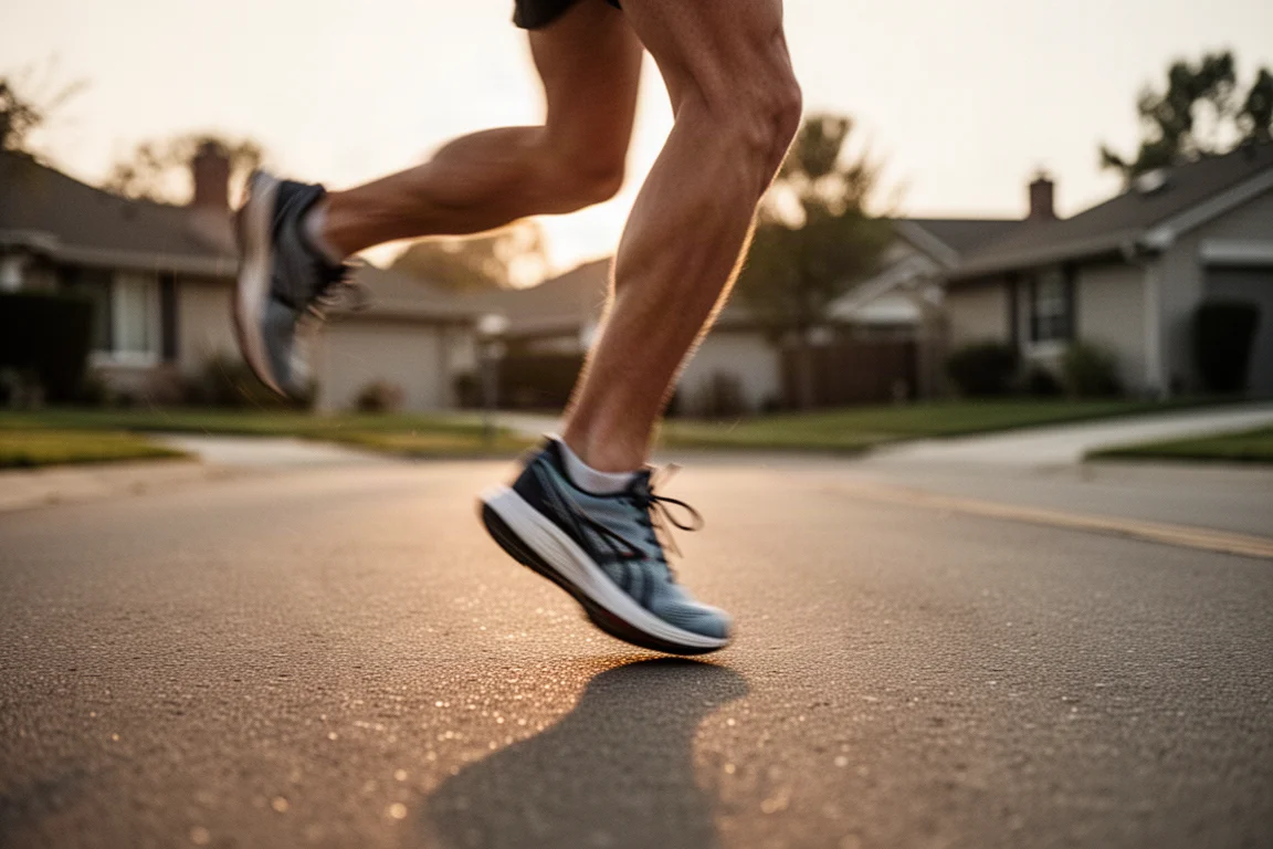 Coureur à l'entraînement sur des routes calmes dans une lumière douce