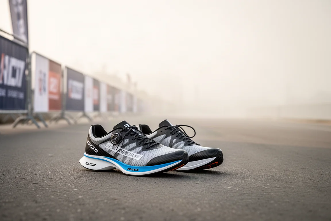 Chaussures de course posées sur le sol d'une zone d'arrivée de marathon