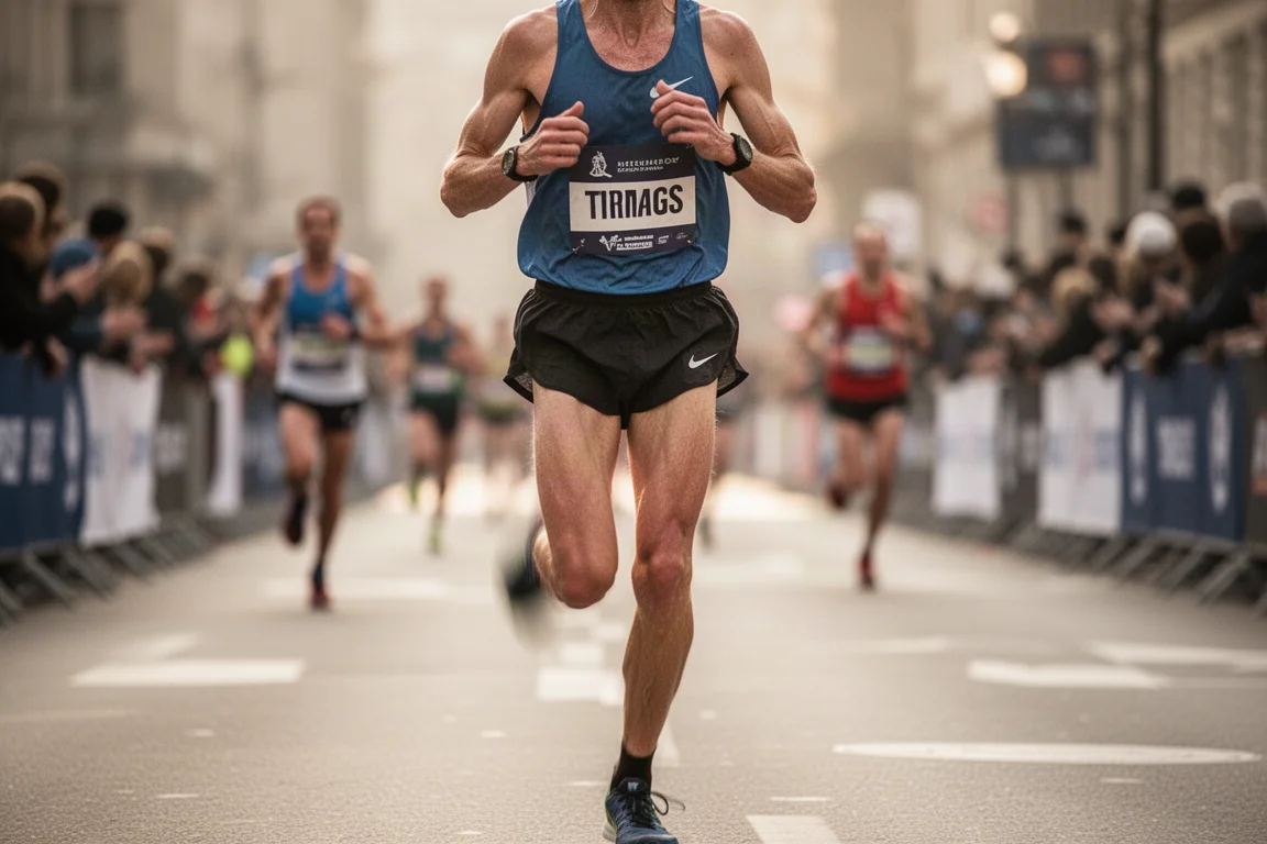 Maratoneta in profondità nella gara, visibilmente affaticato ma che mantiene la forma nelle strade cittadine