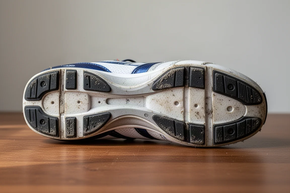 Suola di una scarpa da gara molto usata con usura minima dopo diverse centinaia di chilometri