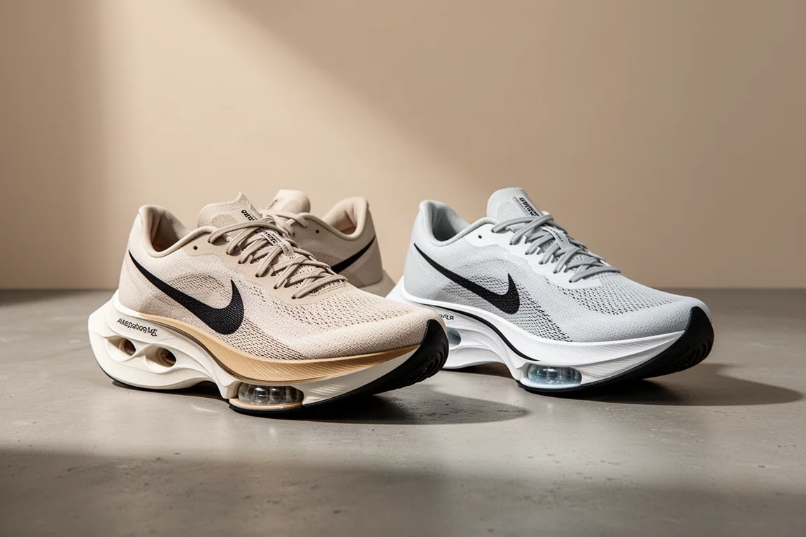 Two versions of Nike AlphaFly racing shoes side by side on concrete