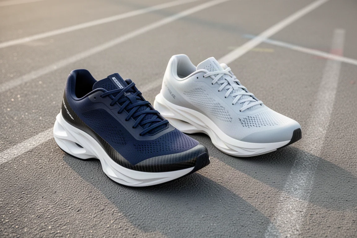 Due racing shoe ad alta suola con placca in carbonio affiancate su una pista da atletica