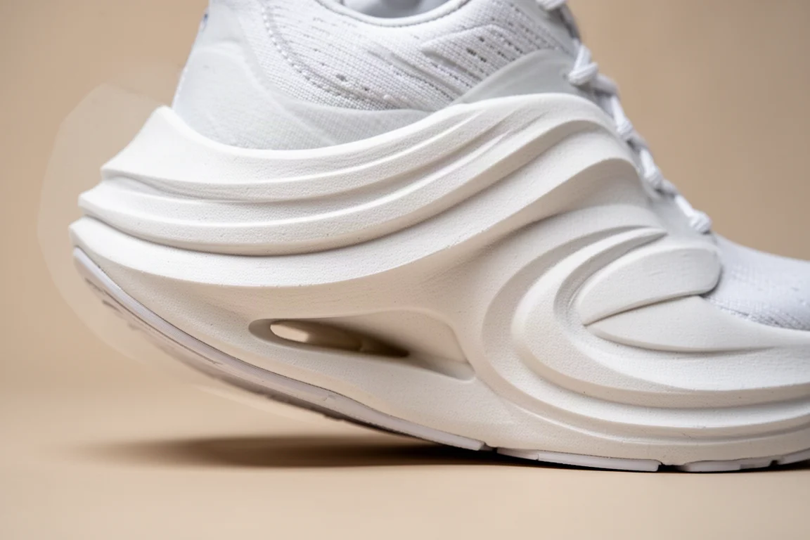 Primo piano di una midsole in schiuma leggera e spessa di una racing shoe