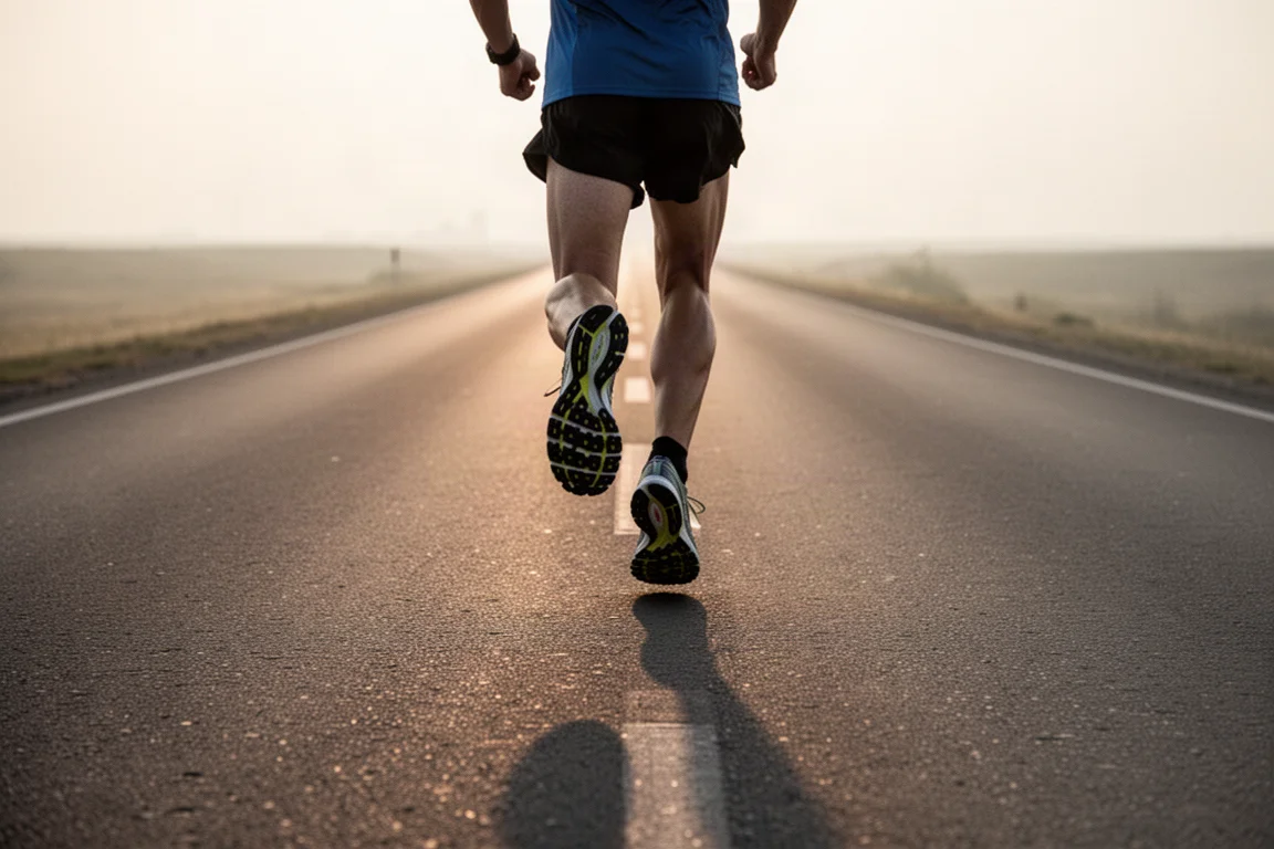 Un runner che corre lungo una lunga strada dritta e aperta all'alba