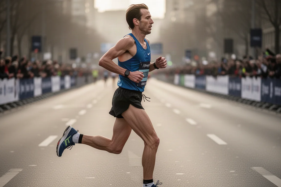 Runner che rallenta nella fase finale di una maratona con le gambe stanche