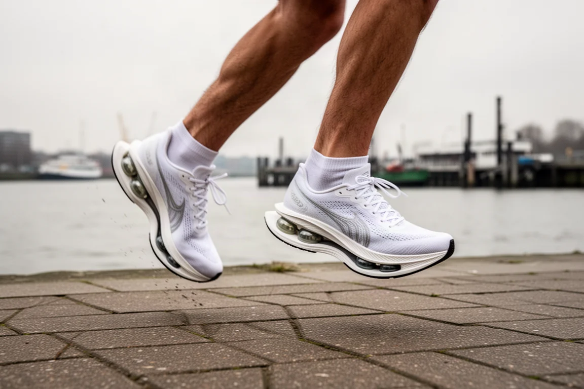 Piedi di un corridore con scarpe da gara a carbonio su corsaia lungo il fiume