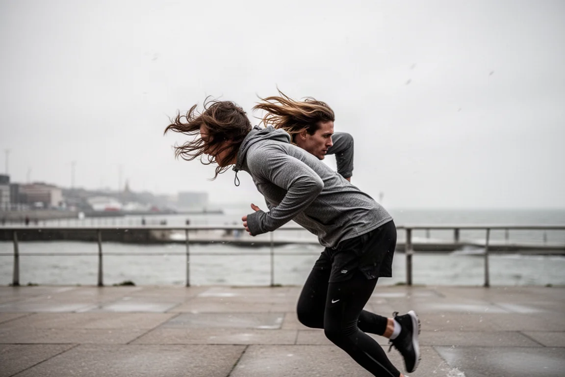 Corridore che affronta un forte vento costiero durante una seduta di interval training
