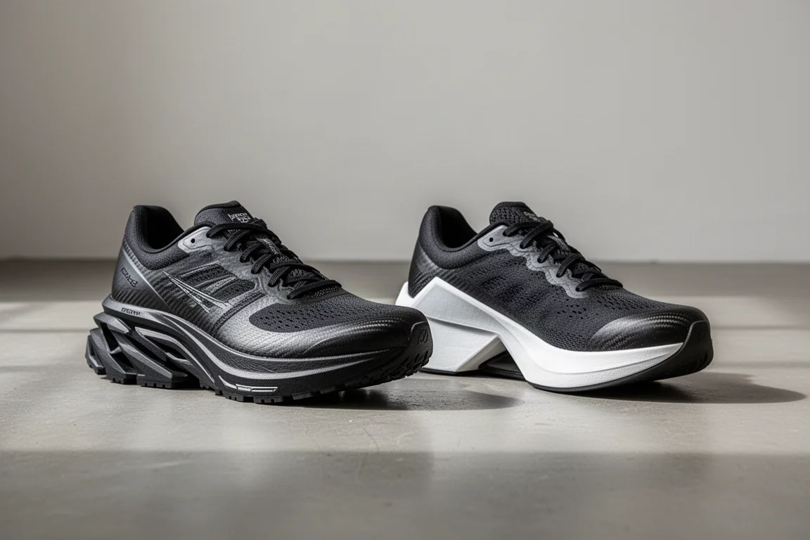 Due scarpe da gara in carbonio ad alto stack affiancate su cemento