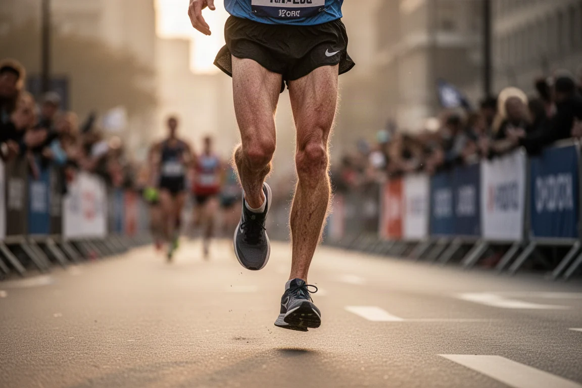 Runner allungo nel rettilineo finale di una maratona nel tardo pomeriggio