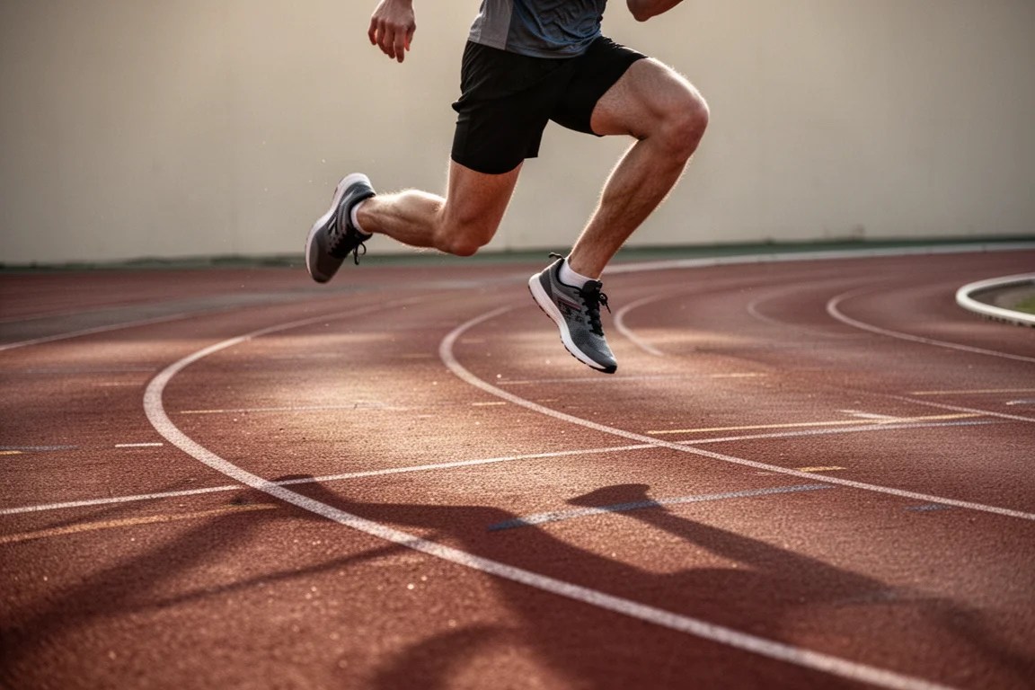 Runner che accelera in curva su una pista durante una seduta di ripetute intense
