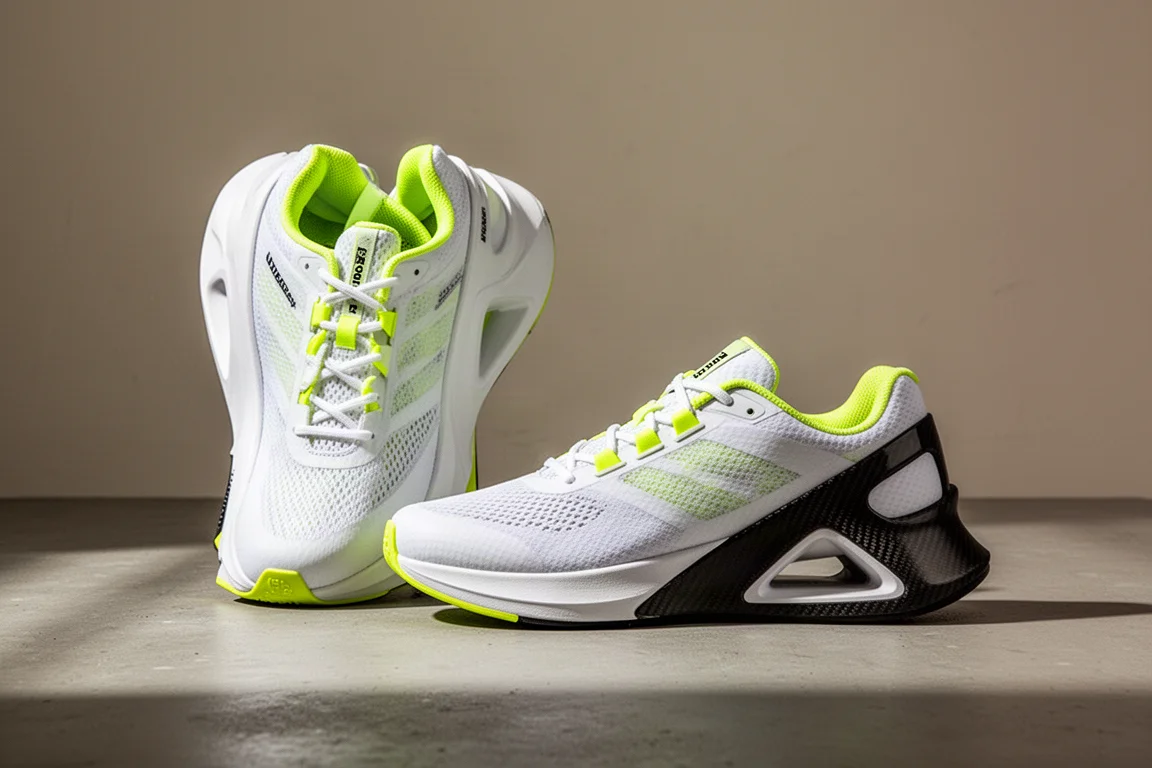 Two high-stack carbon racing shoes side by side on a concrete surface