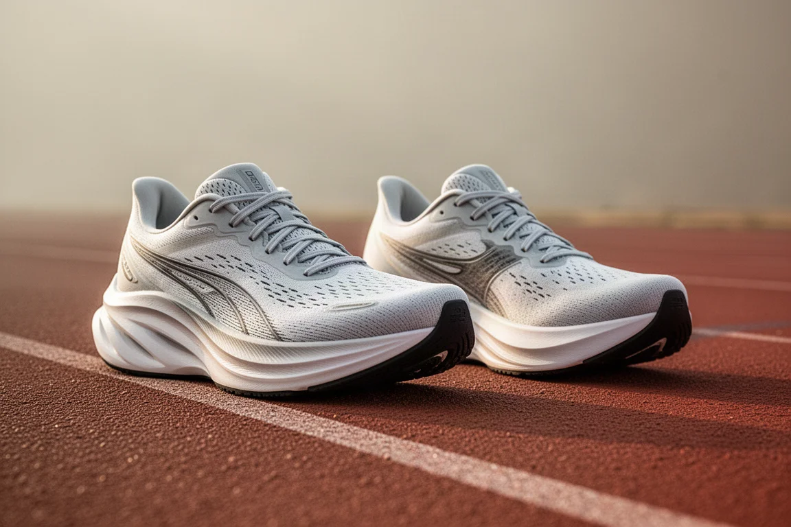 Zwei Rennschuhe nebeneinander auf der Oberfläche einer Laufbahn
