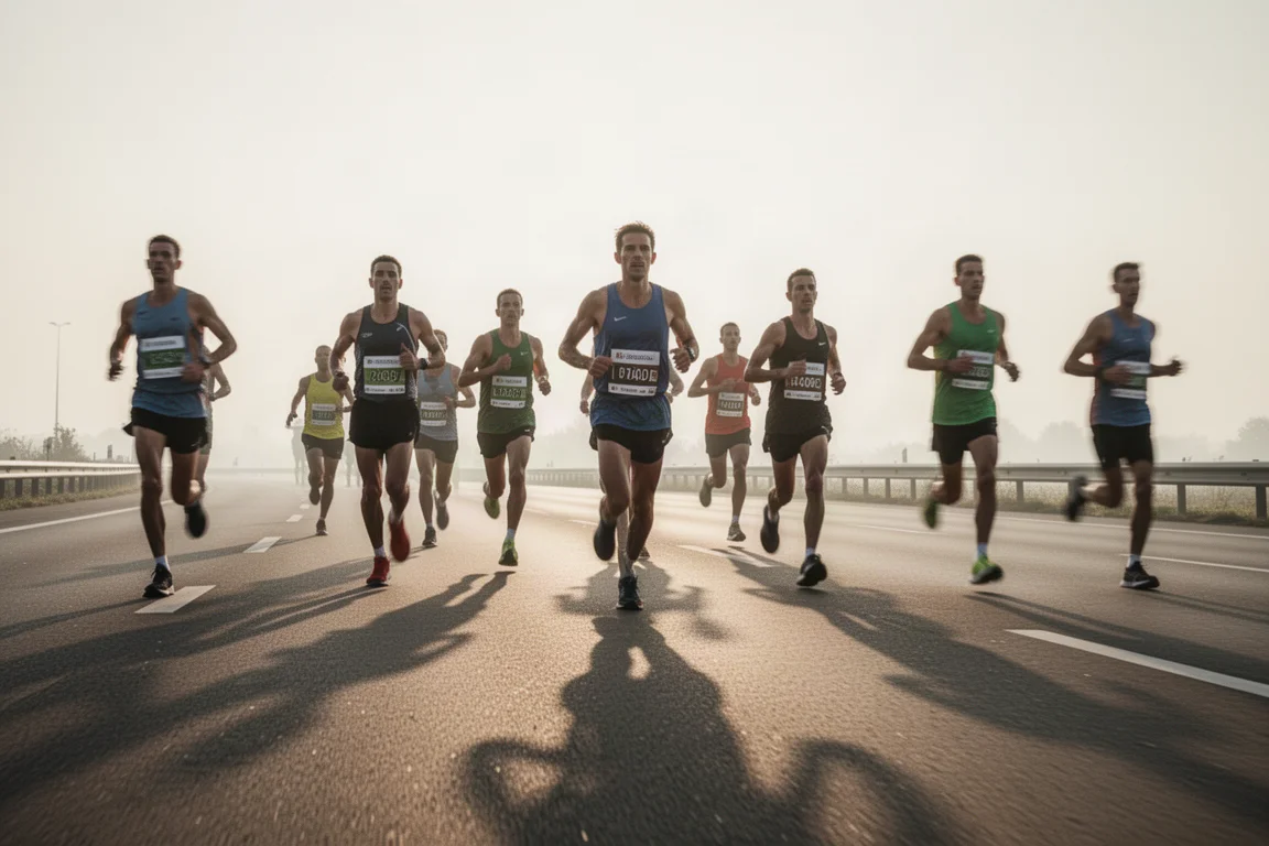 Marathonläufer finden auf einer Straßenstrecke in einen gleichmäßigen Rhythmus