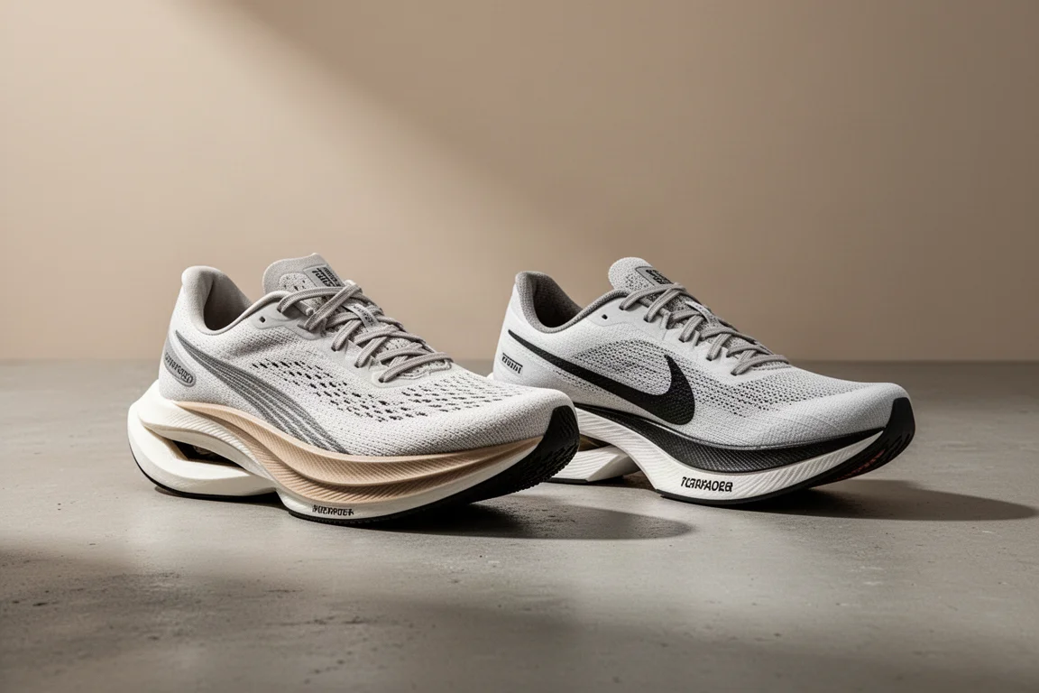 Two racing running shoes side by side on a concrete surface