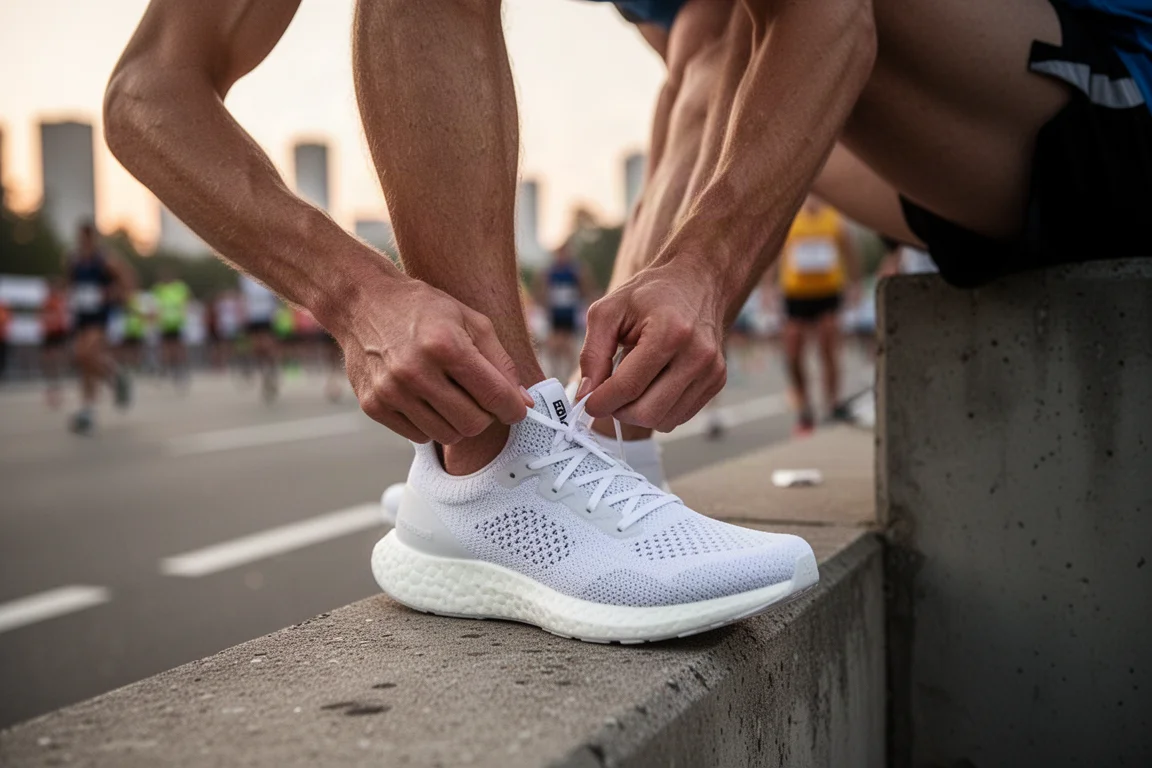 Coureur lacérant des chaussures de course à plaque carbone avant une course sur route