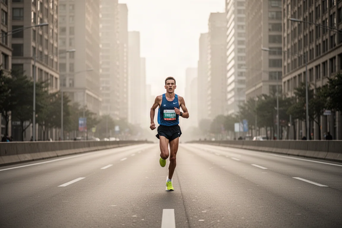 Athlète courant sur un tronçon droit de route fermée lors d'un marathon urbain