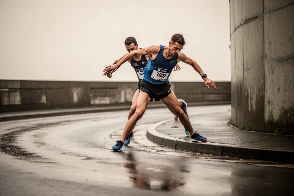 Coureur prenant un virage serré sur un parcours urbain sinueux