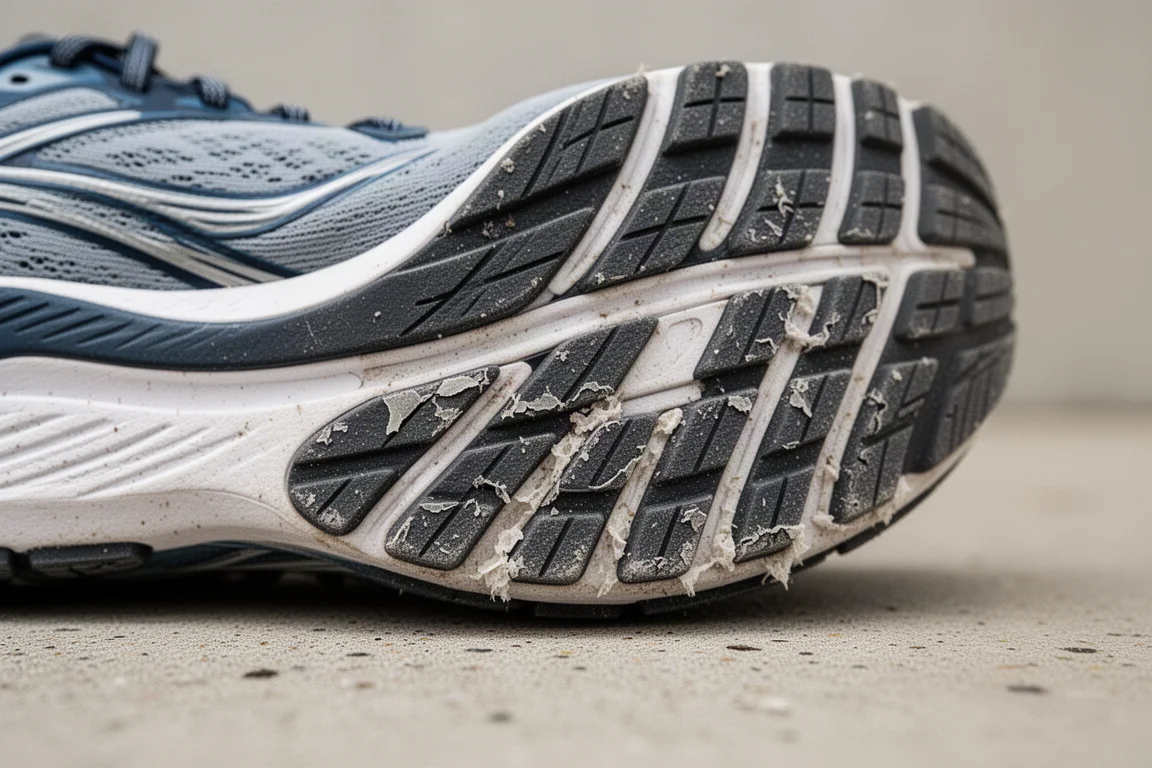 Semelle extérieure d'une chaussure de running montrant l'usure du caoutchouc après de nombreux kilomètres