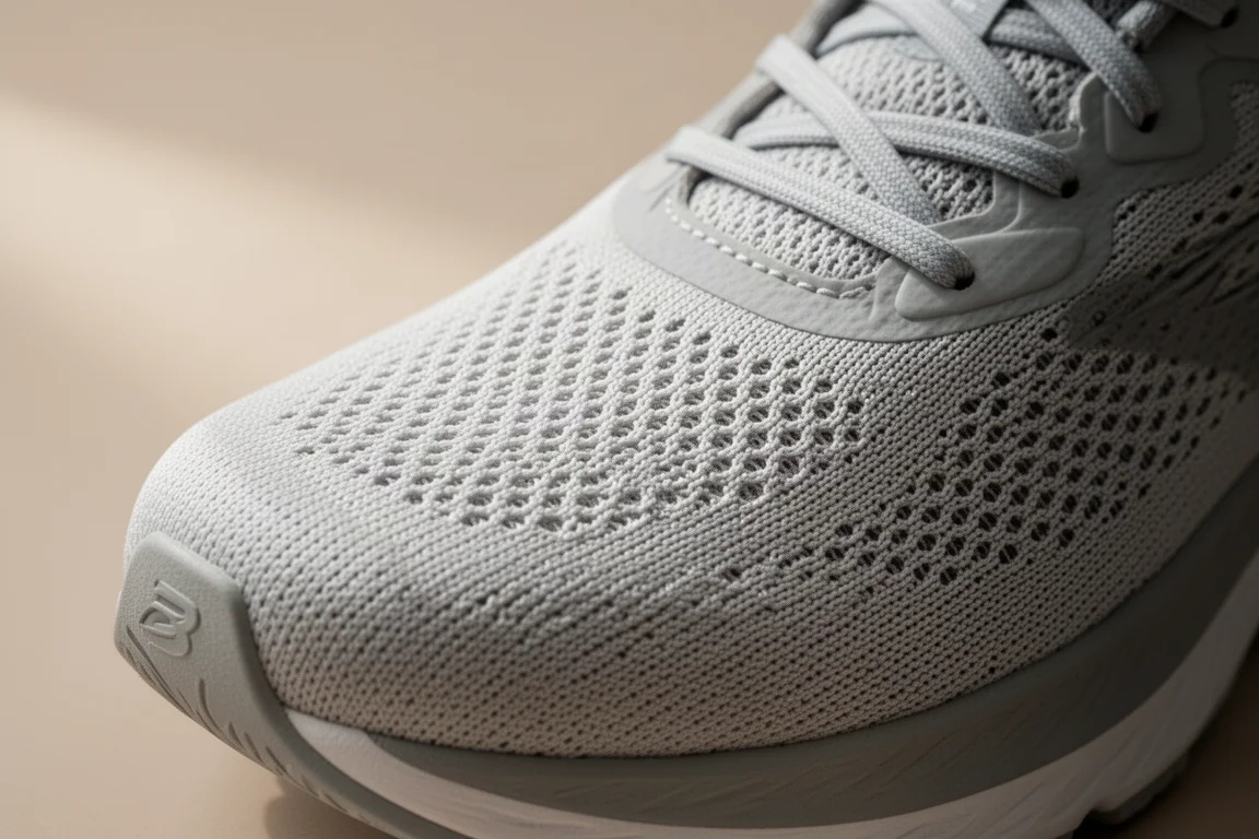 Close-up of a breathable knit mesh upper on a running shoe