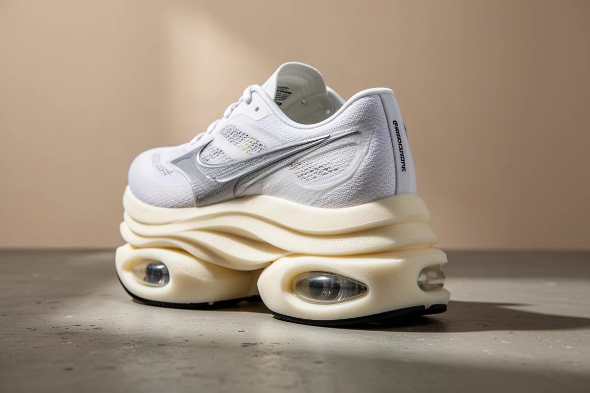 Thick cushioned midsole of a marathon racing shoe on a studio surface