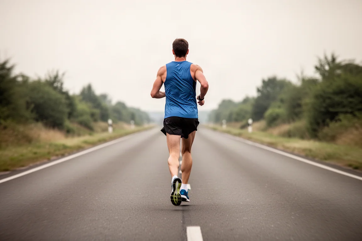 Runner at marathon effort on open tarmac road in soft daylight