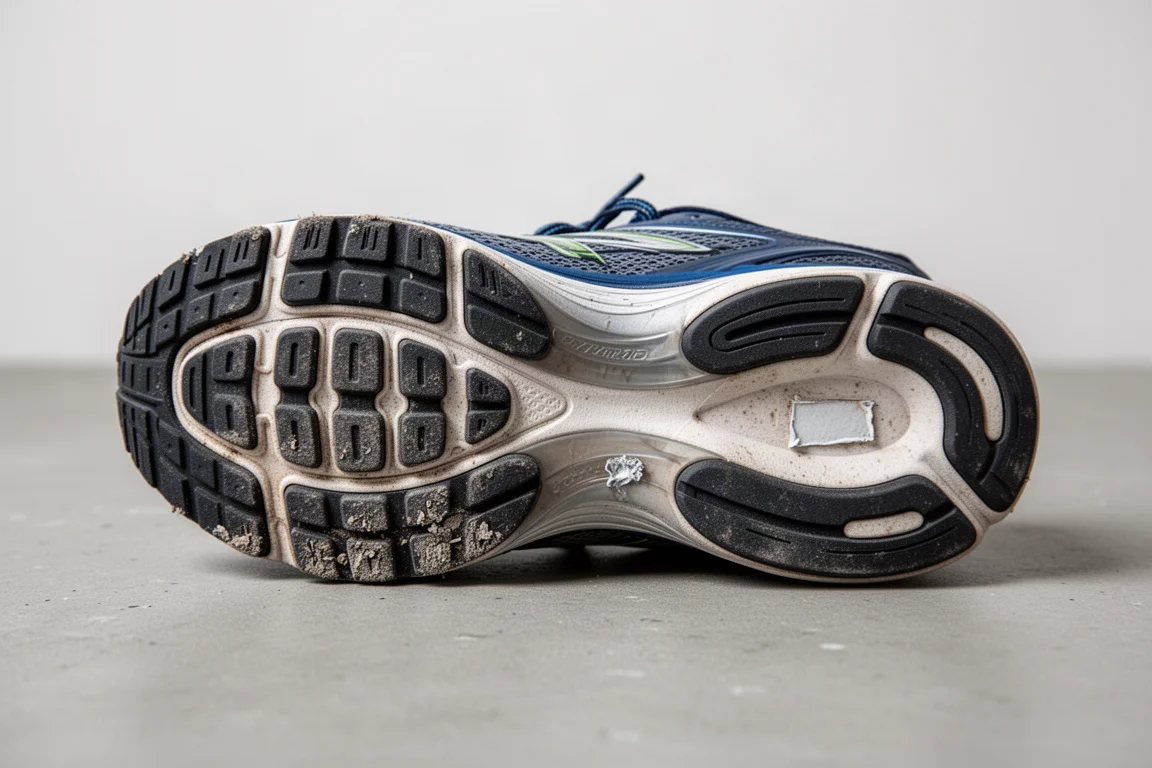 Worn outsole rubber on a running shoe showing signs of use