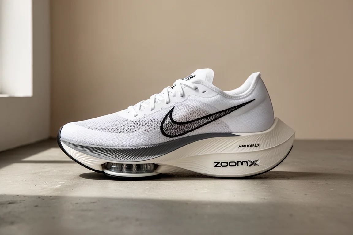 Nike Alphafly 3 running shoe with foam midsole and air pods on concrete