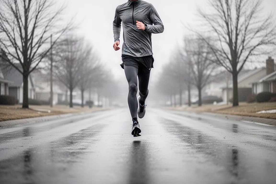 Biegacz pokonujący równe, płaskie 10K w pochmurny dzień