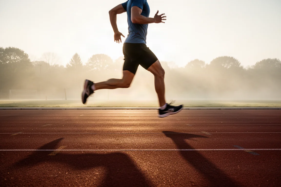 Coureur terminant une séance de fractionné sur une piste d'athlétisme à l'aube