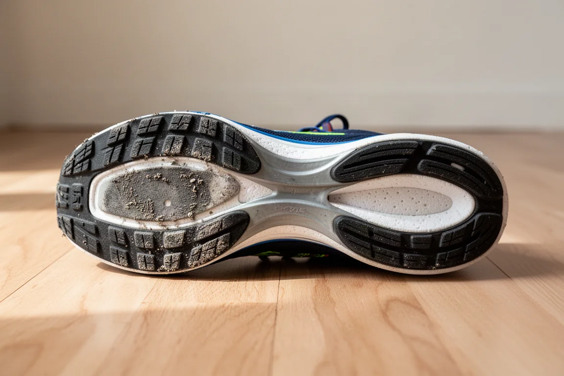 Semelle extérieure usée d'une chaussure de course sur route montrant l'usure du caoutchouc à l'avant-pied