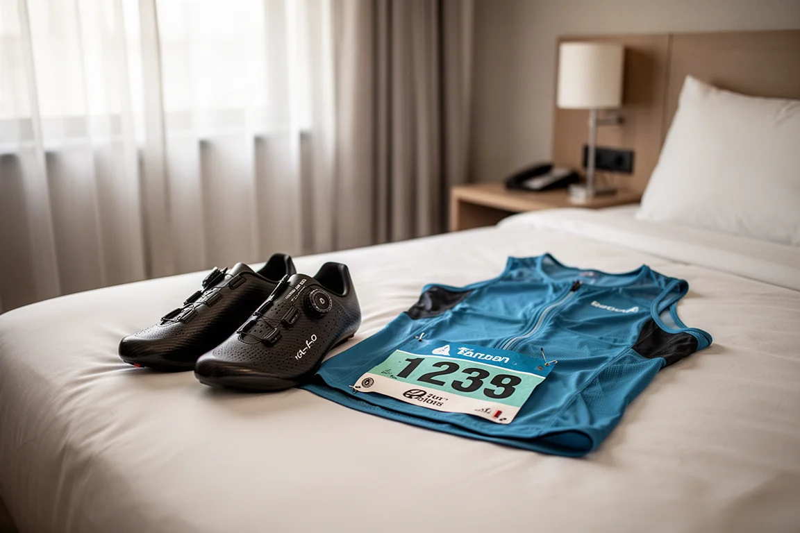 Coureur préparant ses chaussures le matin d'un marathon