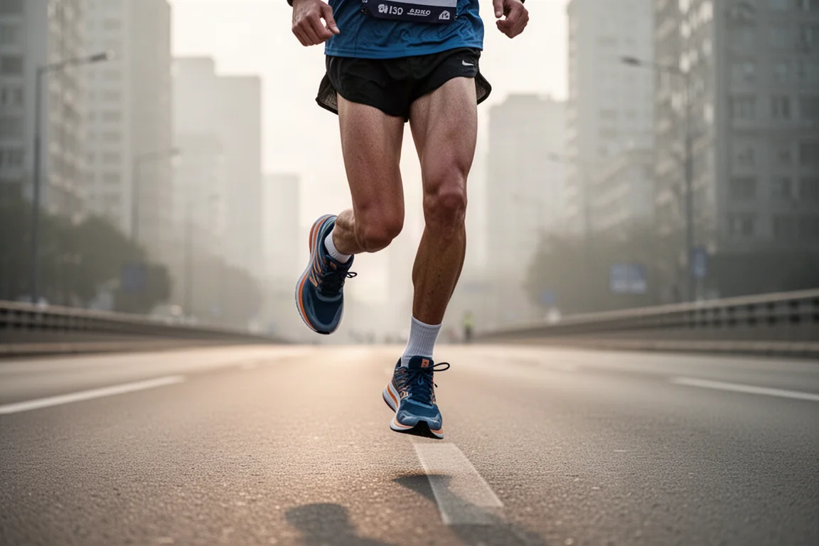 朝の柔らかな光の中、都市の道路をランニングするマラソンランナー