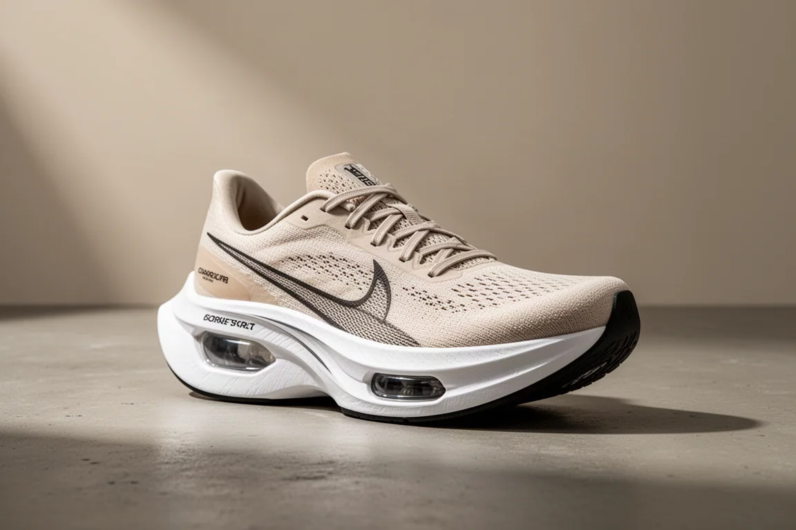 Marathon racing shoe with tall foam midsole and forefoot air unit on concrete