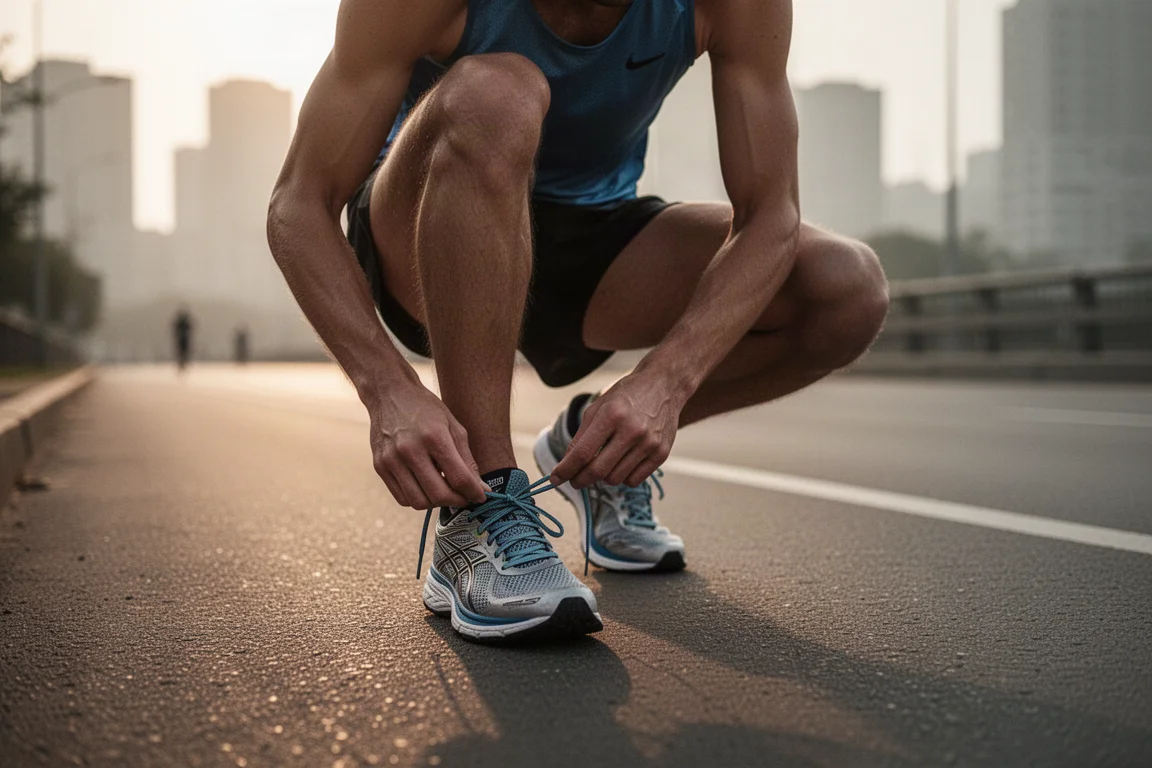 Hardloper die een raceschoen strikt voor een vroege marathondwangtraining