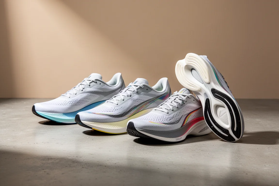 Three generations of Nike Alphafly marathon racing shoes lined up on a concrete surface