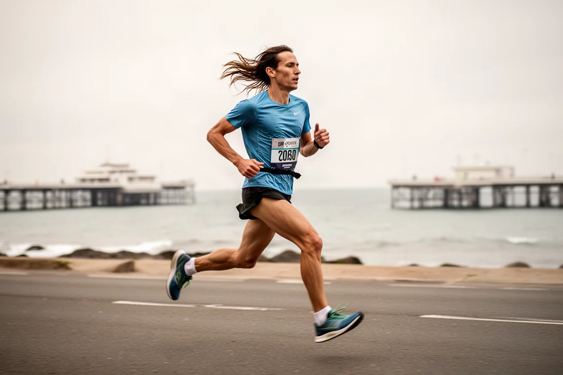 Runner racing on a windy coastal seafront road during a half marathon