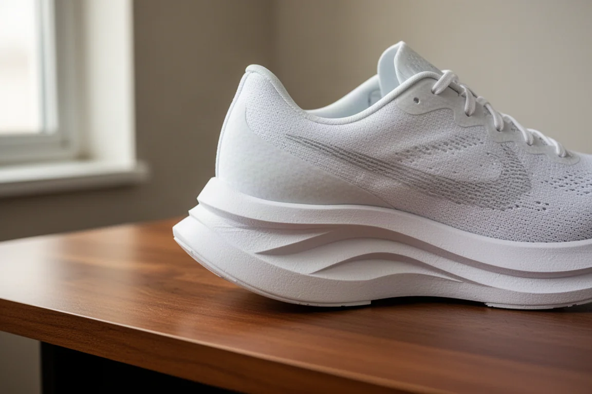 Close-up of a thick foam midsole with carbon plate on a racing shoe