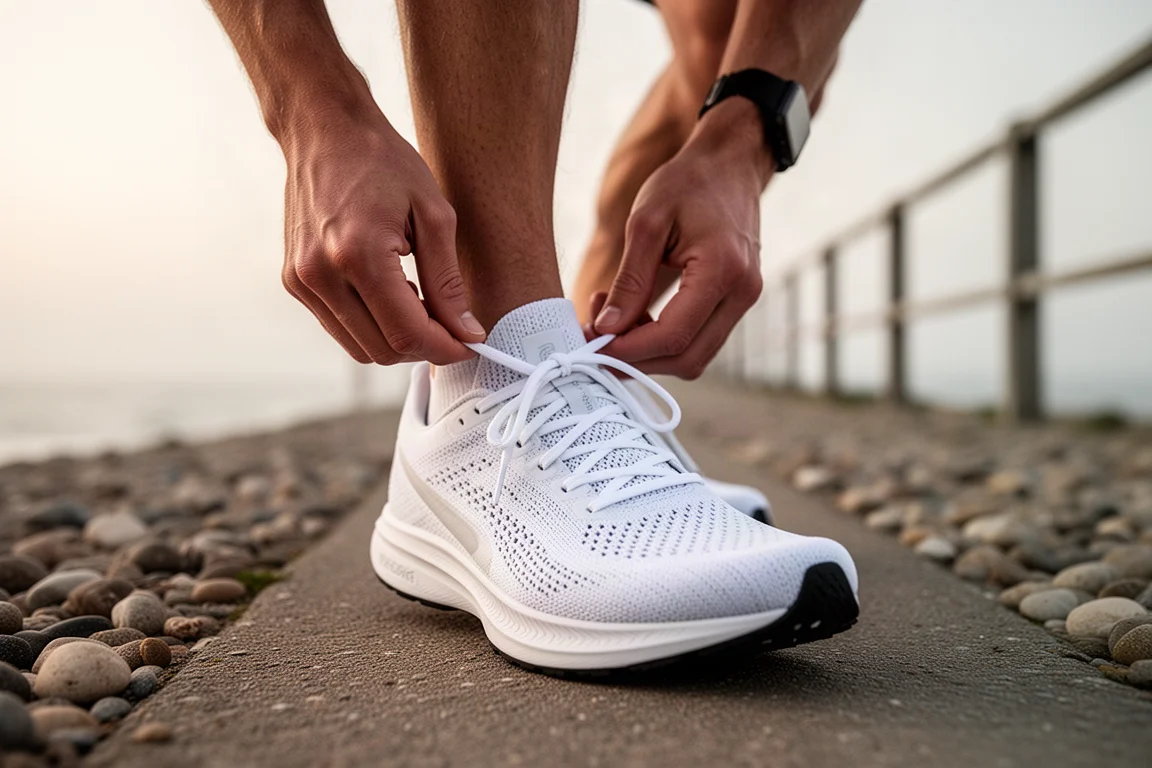 Runner tying the laces of a racing shoe before a morning run