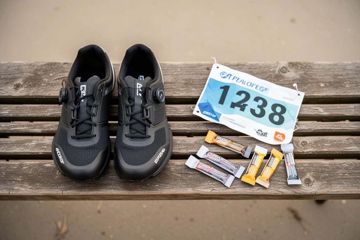 Pair of racing shoes resting on a wooden bench beside a race bib and gels