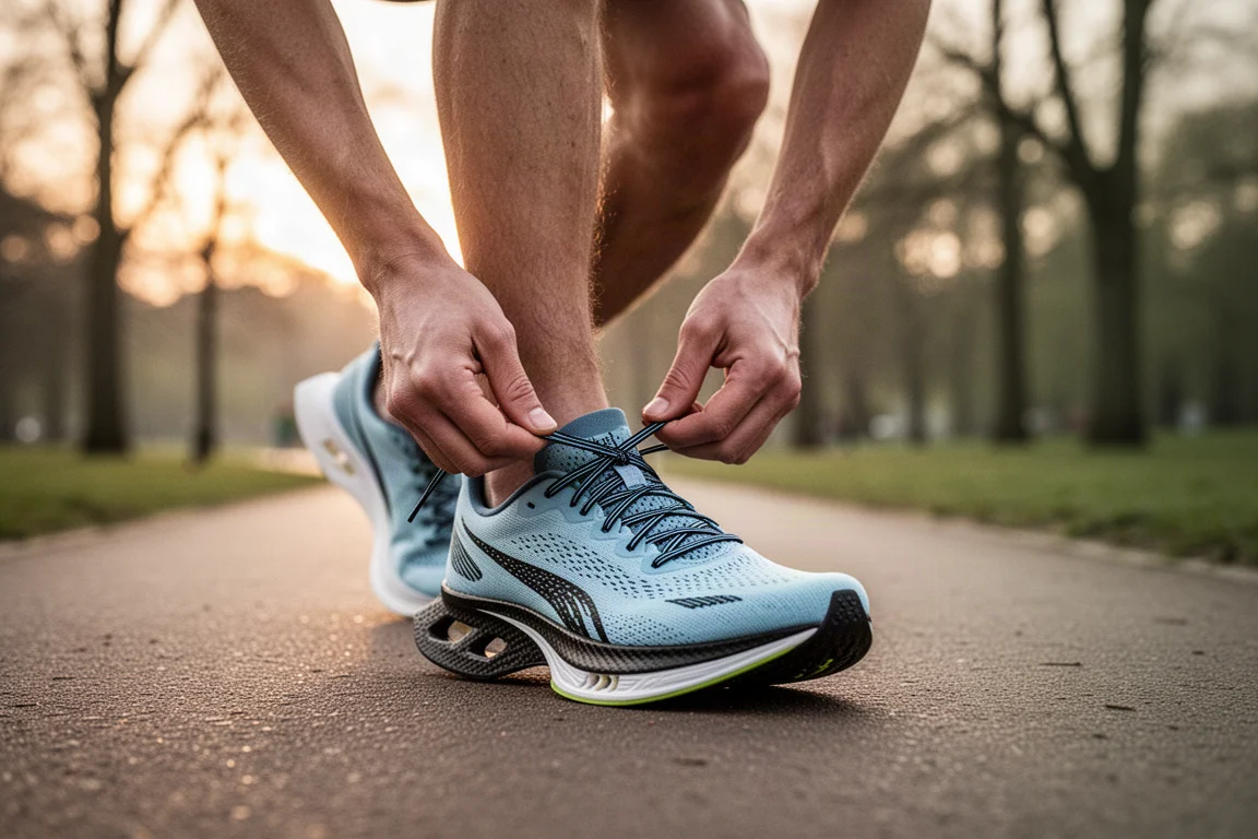 Läufer schnürt vor einem Straßenrennen einen Carbon-Rennschuh