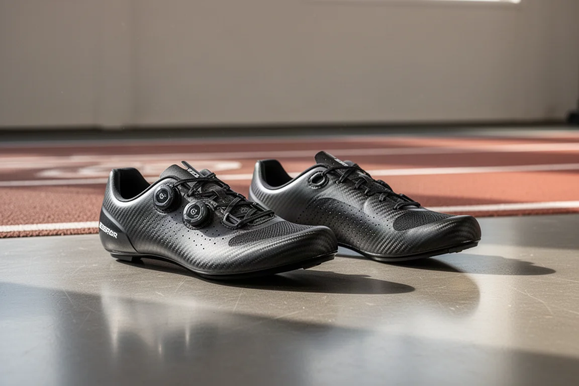 Two carbon plate racing shoes side by side on a gym floor