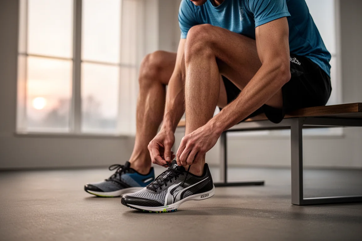 Runner lacing up a lightweight racing shoe before a race