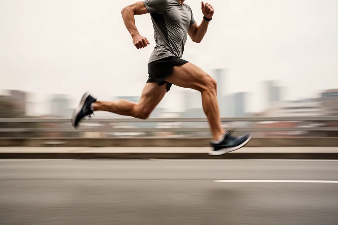 Runner pushing the pace on a city road at speed