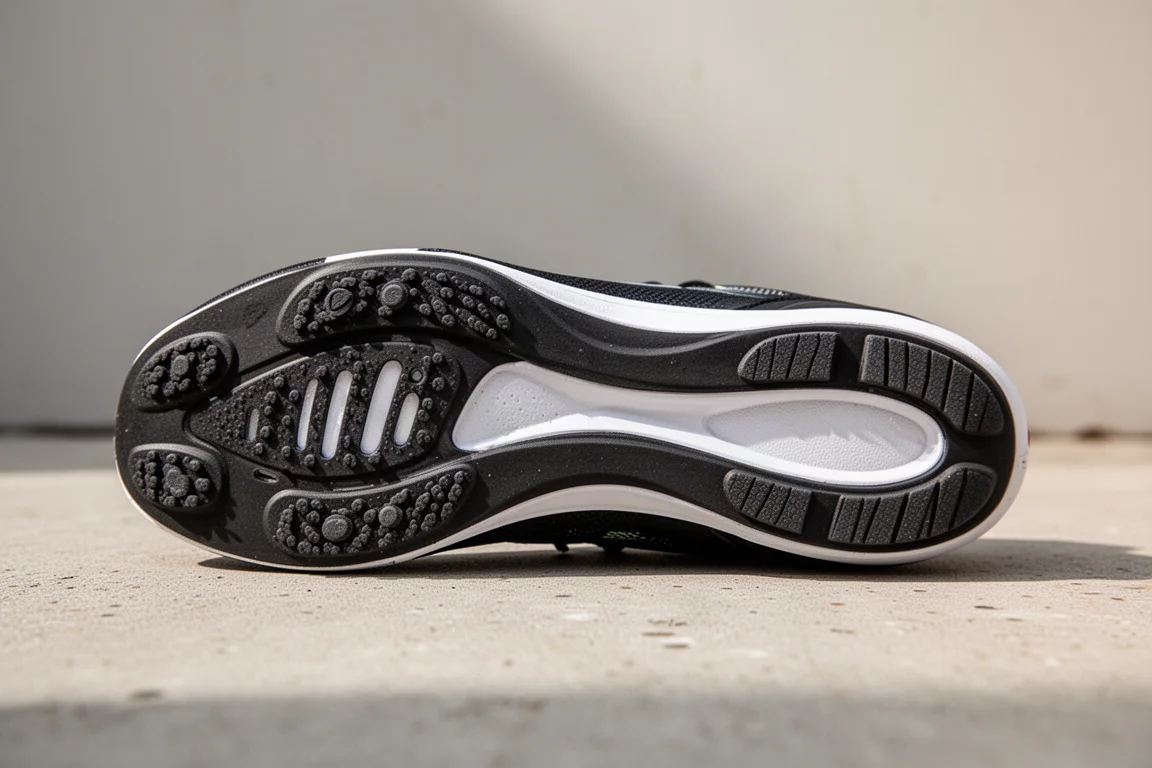 Close-up of a racing shoe outsole showing rubber coverage