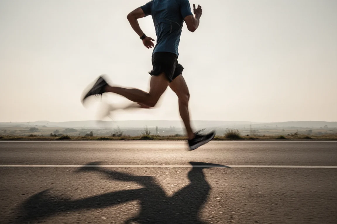 Corridore che corre lungo una strada aperta durante una sessione di allenamento veloce