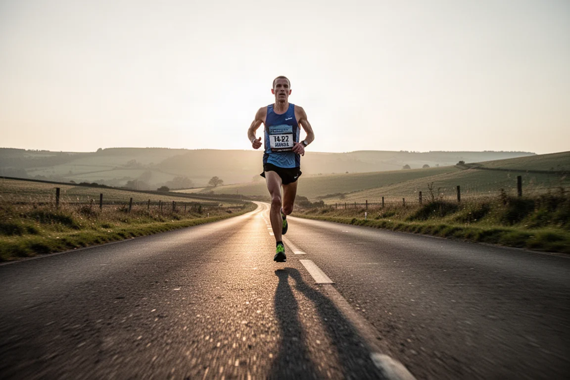Marathonläufer auf offener Straße in sanftem Abendlicht