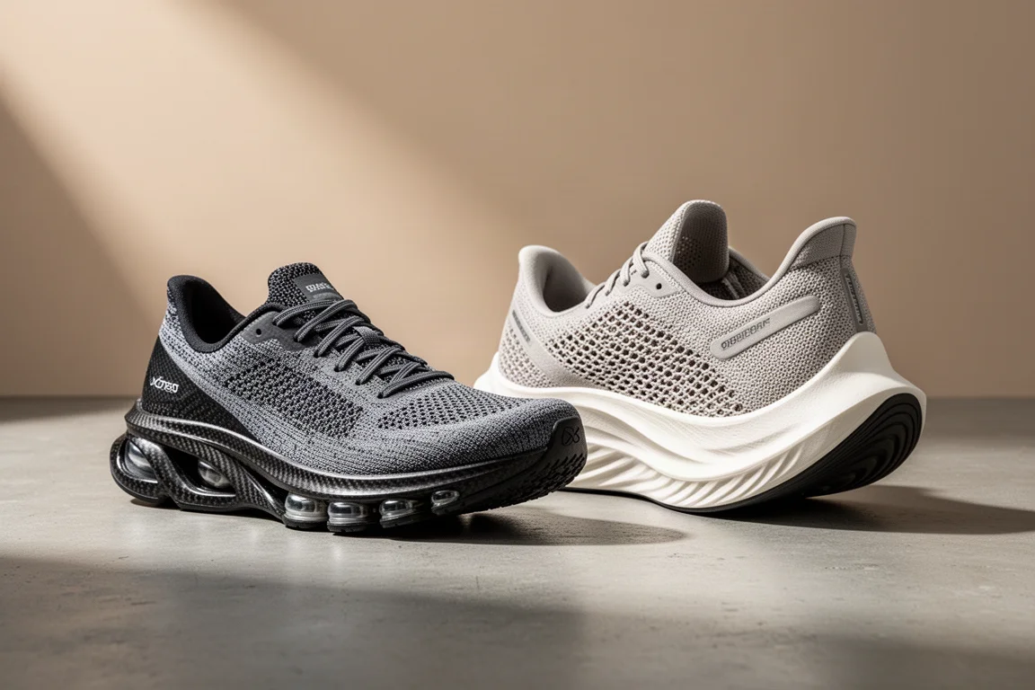 Nike Alphafly 3 and New Balance SC Elite V4 racing shoes side by side on concrete