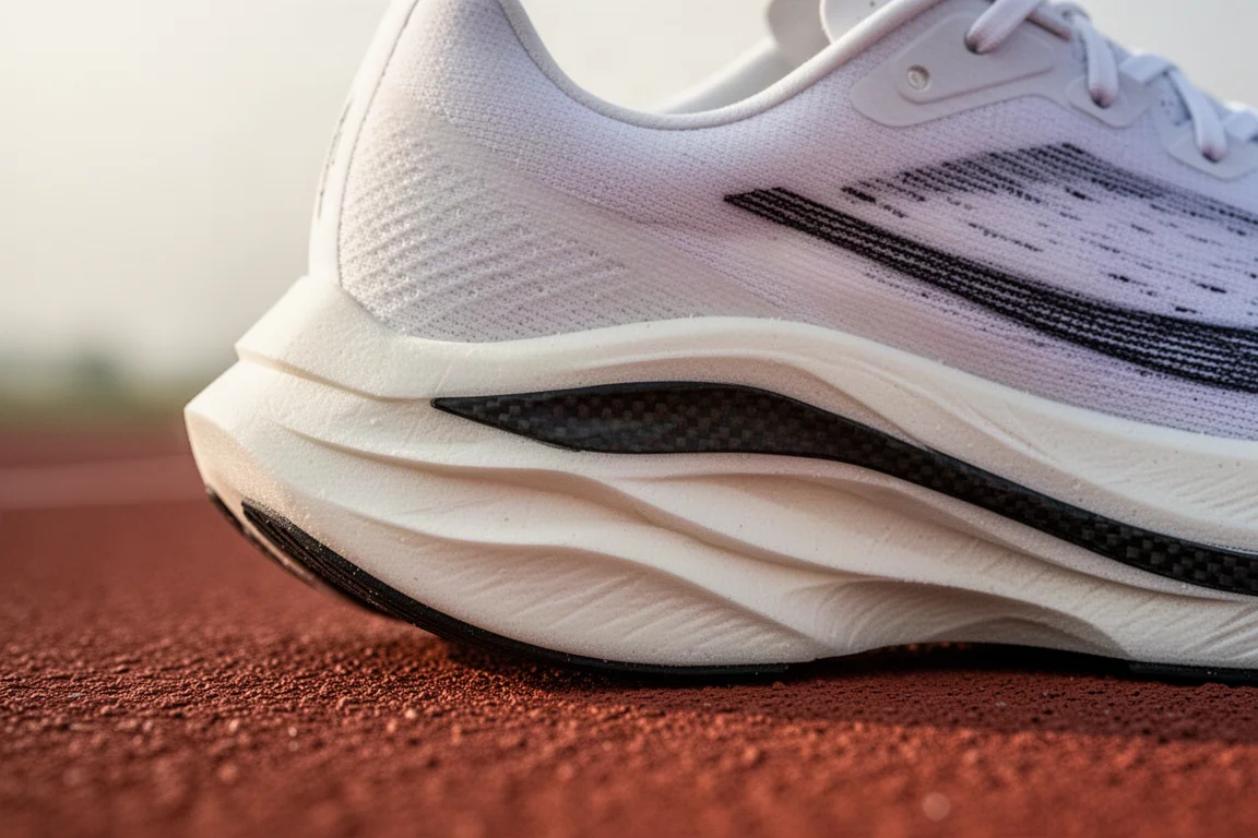 Close-up van een dikke, gebeeldhouwde carbon tussenzool van een racingschoen op een sintelbaan